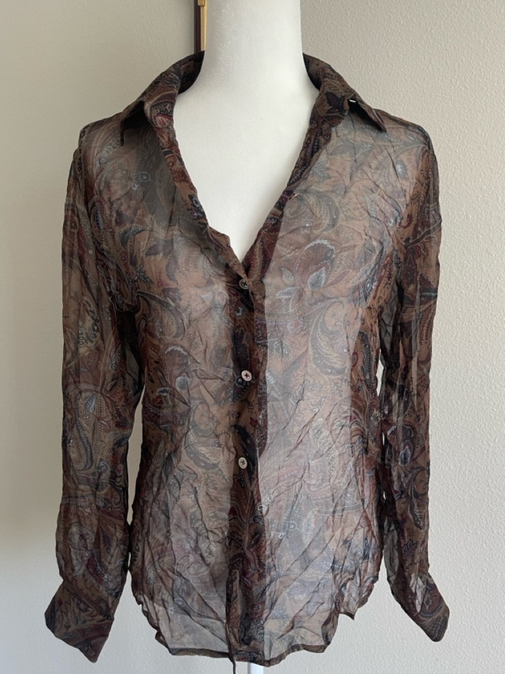 Linda Allard Silk Sheer Paisley Long-Sleeve Shirt - Brown Size 6